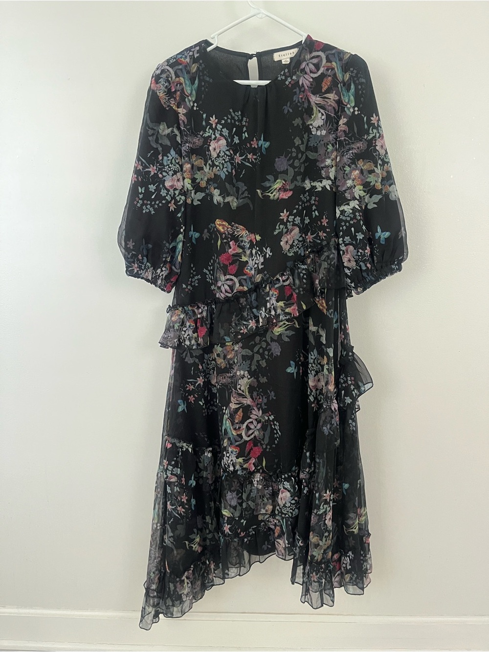 Stellah Black Floral Ruffle Dress size m